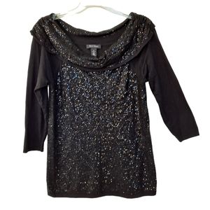 White House Black Market Black Cashmere Blend Sequin Trim Cowl Neck Sweater szM